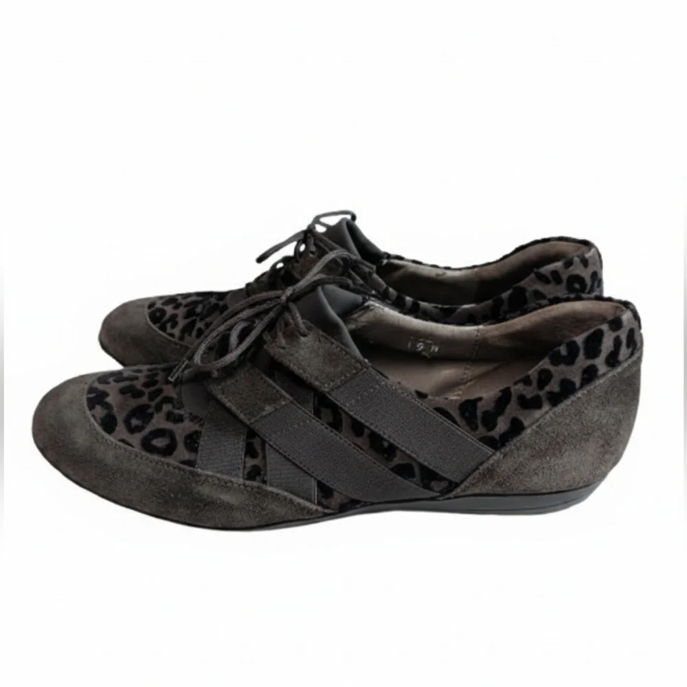 Sesto Meucci Italy Womens 9M Leopard Print Suede Lace Up Sneakers Oxford Flats